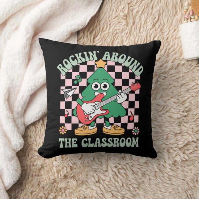 Groovy Teacher Xmas Rockin' Around The Classroom Throw Pillow (Blanket)
