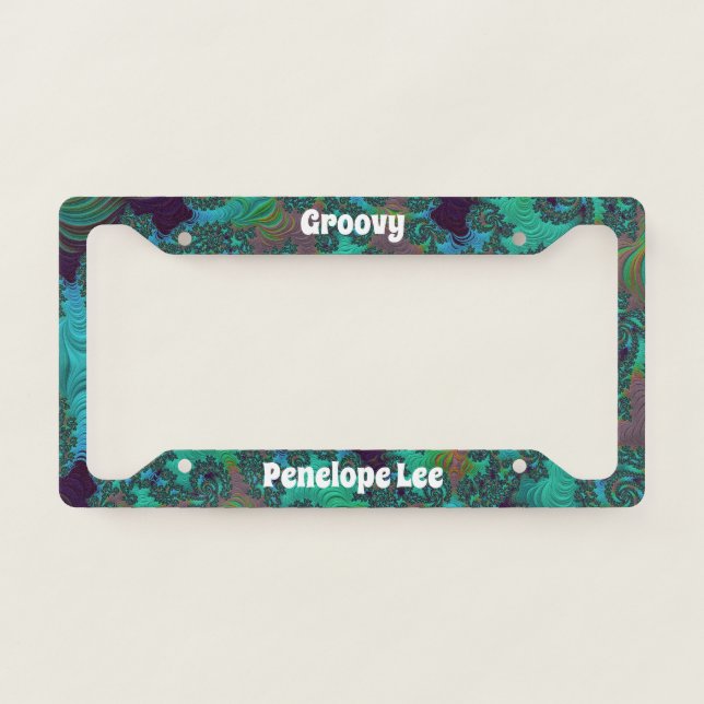 Groovy Teal and Plum Fractal with Your Name License Plate Frame (Front)