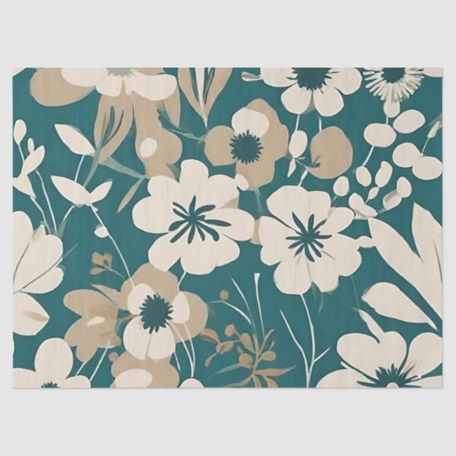 Groovy Teal Tan Flowers Tissue Paper (Front)