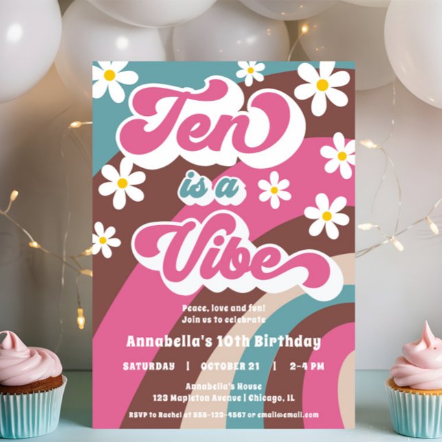 Groovy Ten is a Vibe pink teal girl 10th birthday Invitation (Creator Uploaded)