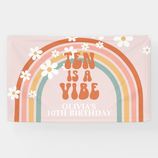Groovy Ten is a Vibe Rainbow Daisy 10th Birthday Banner (Horizontal)