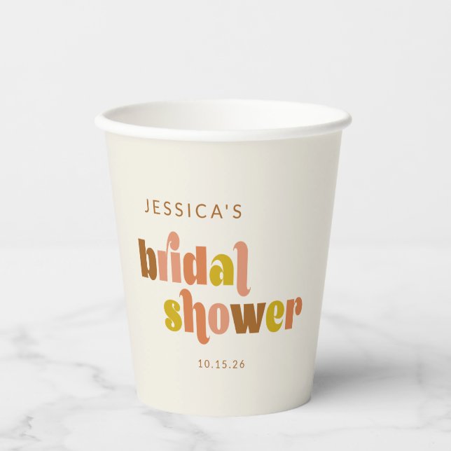 Groovy Terracotta Peach Retro Custom Bridal Shower Paper Cups (Front)