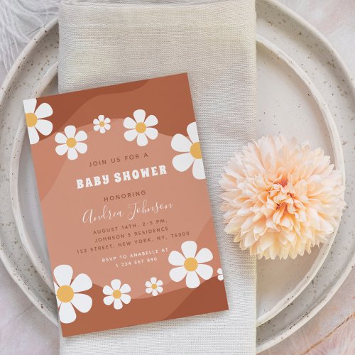Groovy Terracotta Retro Boho Daisy Baby Shower Invitation