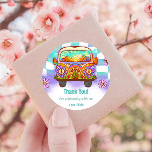 Groovy Thank You Boho Floral Rainbow Classic Round Sticker