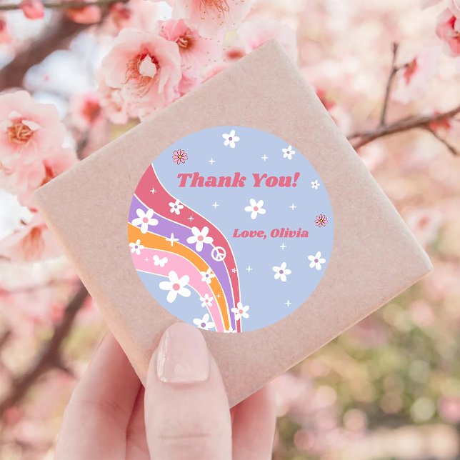 Groovy Thank You Boho Floral Rainbow  Classic Round Sticker (Creator Uploaded)