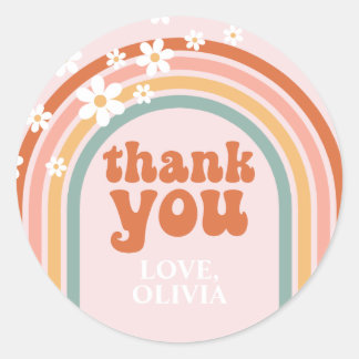 Groovy Thank You daisy boho floral rainbow Favor Classic Round Sticker
