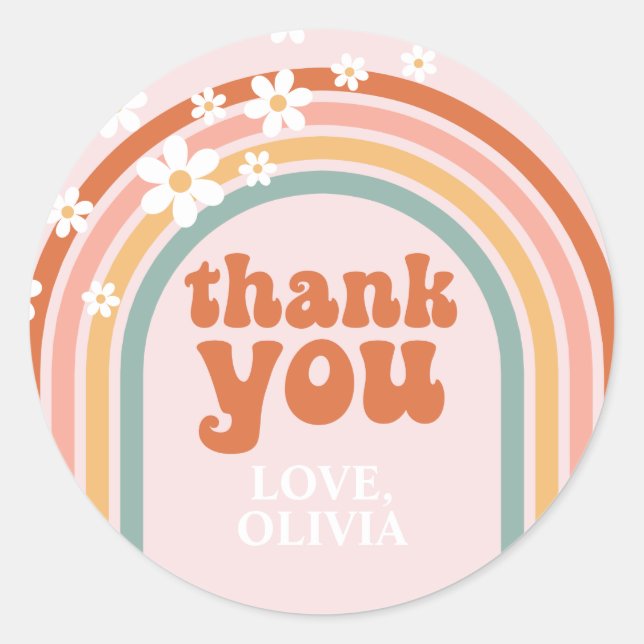 Groovy Thank You daisy boho floral rainbow Favor Classic Round Sticker (Front)
