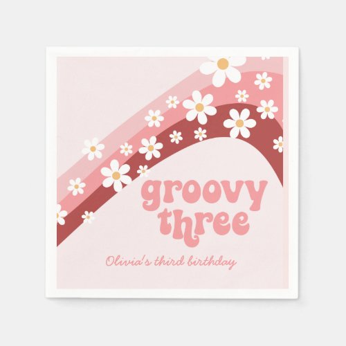 Groovy Three 3rd Birthday Pink Paper Napkin