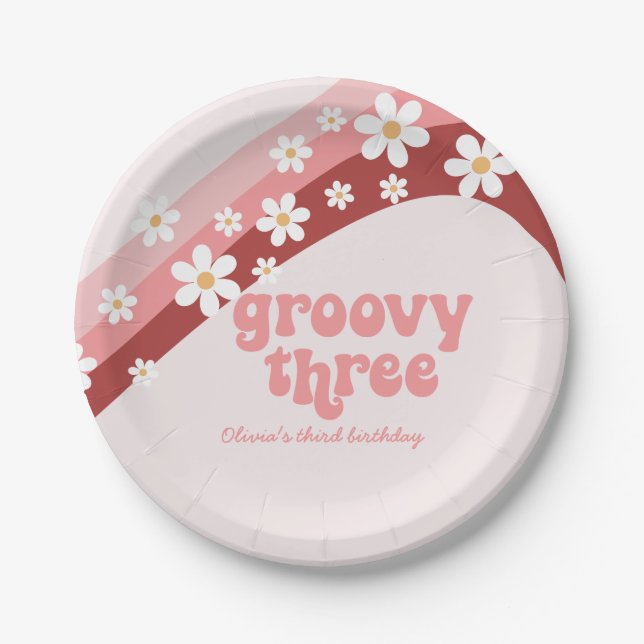 Groovy Three 3rd Birthday Pink Paper Napkin Plates (Front)