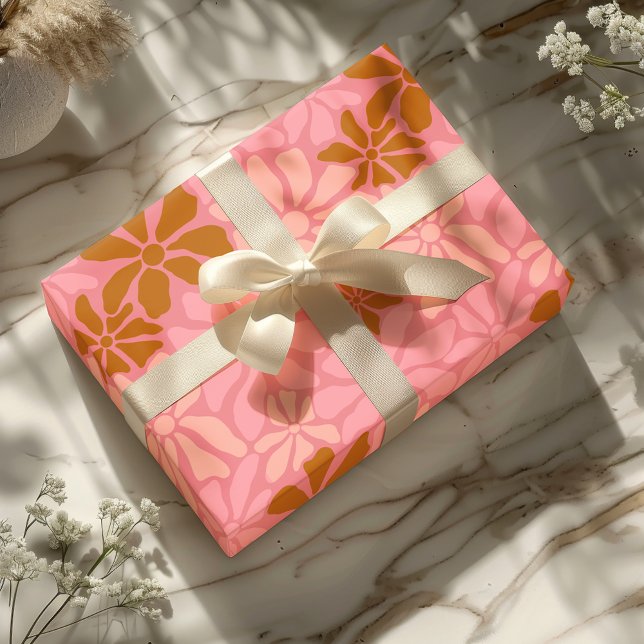 Groovy Trendy Retro Floral Terracotta Pink Pattern Wrapping Paper (Creator Uploaded)