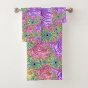 Groovy Trippy Boho Jewel Tone Rainbow Fractal Bath Towel Set