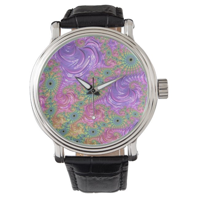 Groovy Trippy Boho Jewel Tone Rainbow Fractal Watch (Front)