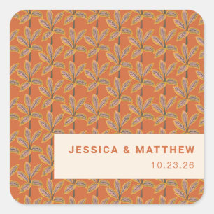 Groovy Tropical Palm Trees Burnt Orange Wedding Square Sticker