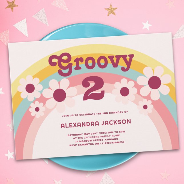 Groovy Two Daisy Rainbow 2nd Birthday Party Invitation (Groovy 2 pastel daisy rainbow retro 2nd birthday party invitation pink yellow )