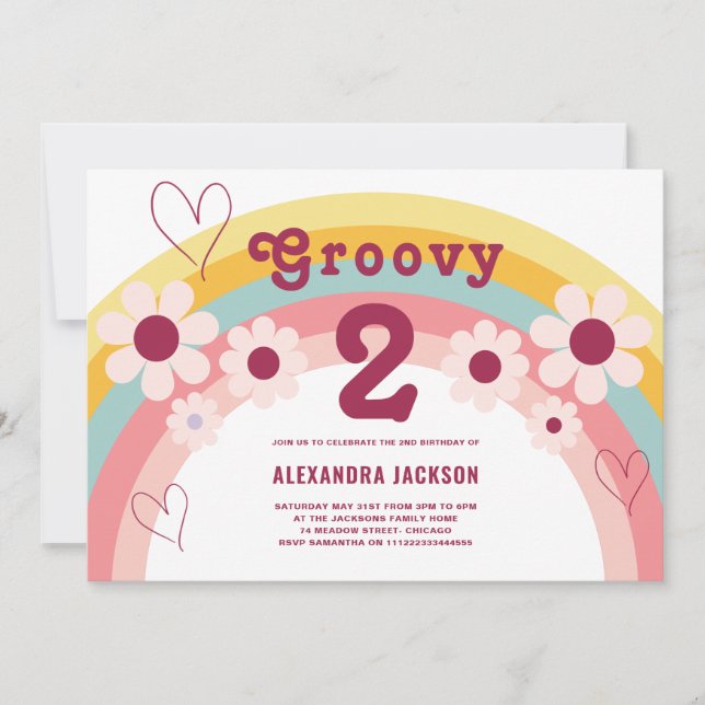 Groovy Two Daisy Rainbow 2nd Birthday Party Invitation (Front)