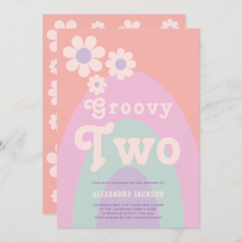 Groovy Two Daisy Rainbow Birthday Party Invitation