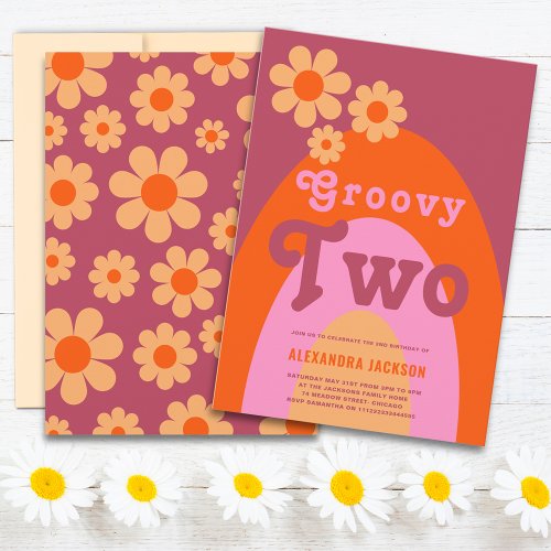 Groovy Two Daisy Rainbow Birthday Party Invitation