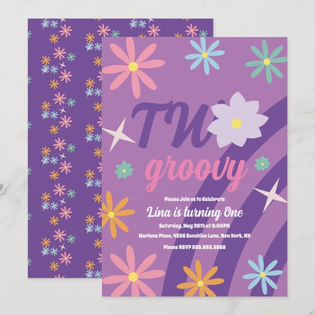 Groovy Two Floral First Birthday Retro Purple Invi Invitation (Front/Back)