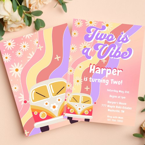 Groovy Two is a Vibe Retro 70s Birthday Invitation
