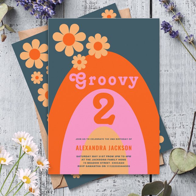 Groovy Two Retro 2nd Birthday Party Invitation (Groovy two daisy arch 2nd birthday party invitation )