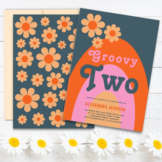 Groovy Two Retro 2nd Birthday Party Invitation (Groovy two retro daisy arch 2nd birthday party invitation navy blue orange pink and yellow)