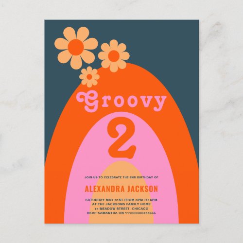 Groovy Two Retro 2nd Birthday Party Invitation Postcard