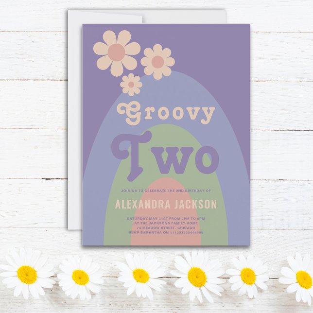 Groovy Two Retro 2nd Birthday Party Invitation Postcard (Groovy two retro daisy arch pastel 2nd birthday party budget invitation postcard purple pink blue)