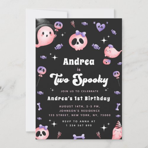 Groovy Two Spooky  Pink Ghost Girl 2nd Birthday Invitation