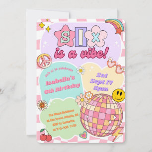 Groovy Vibe Retro Girl 6th Birthday Invitation