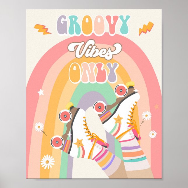 Groovy Vibes Only Roller Skate Skating Retro Poster (Front)