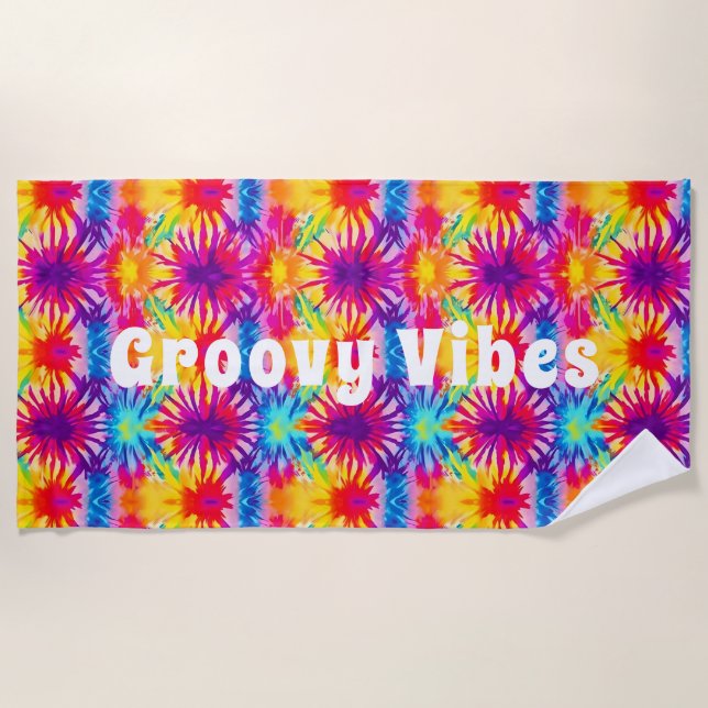 Groovy Vibes Tie Dye Customizable Beach Towel (Front)