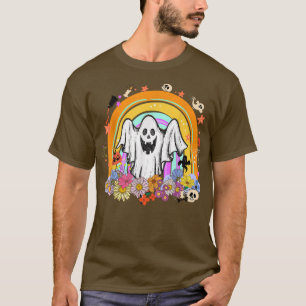 Groovy Vintage Floral Ghost Cute Halloween Rainbow T-Shirt