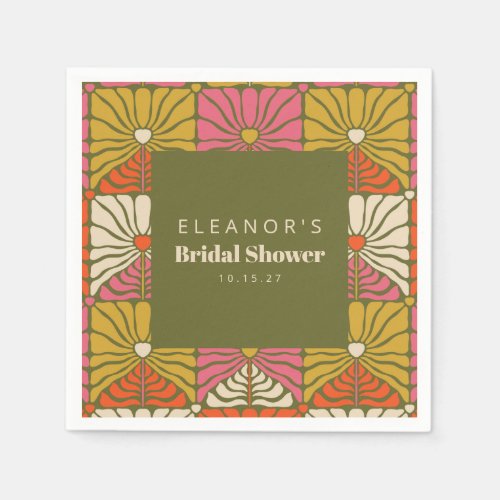 Groovy Vintage Green Floral Bridal Shower Custom Napkins
