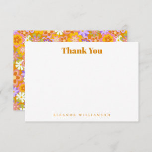 Groovy Vintage Orange Floral Shower Custom Flat Thank You Card