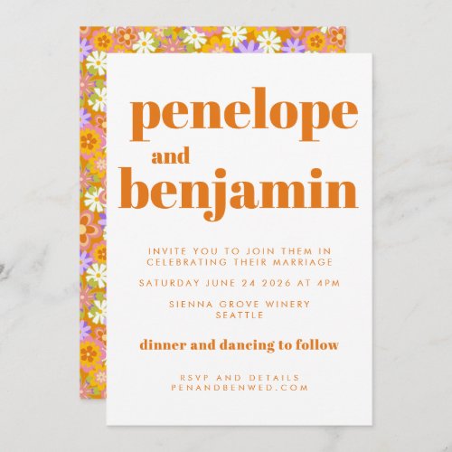 Groovy Vintage Orange Flowers All In One Wedding Invitation