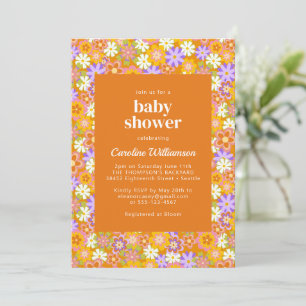 Groovy Vintage Orange Purple Flowers Baby Shower Invitation