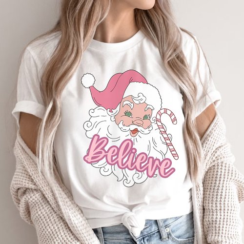 Groovy Vintage Pink Santa Claus Believe Christmas T_Shirt