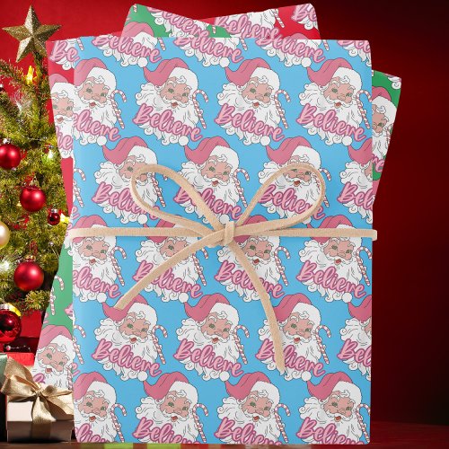 Groovy Vintage Pink Santa Claus Believe Christmas  Wrapping Paper Sheets