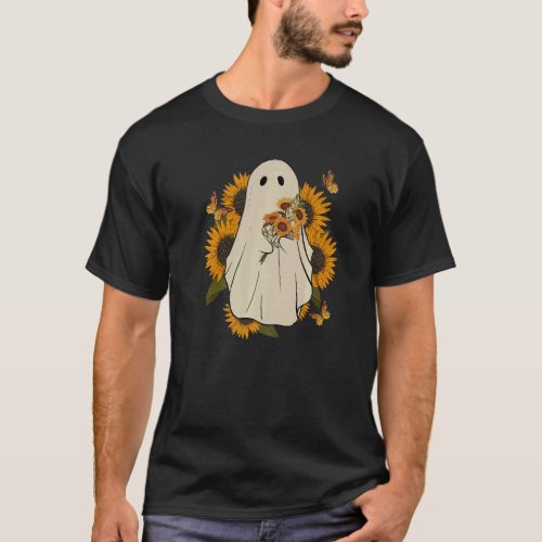 Groovy Vintage Sunflower Ghost Cute Halloween Spoo T_Shirt