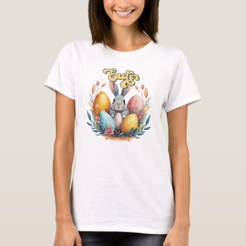 Groovy Watercolor cute bunny Easter floral T_Shirt