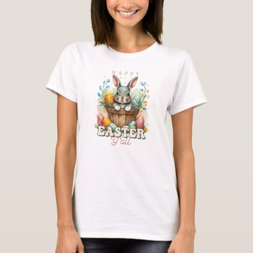 Groovy Watercolor cute bunny in basket eggs T_Shirt