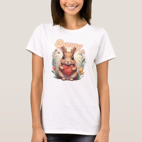 Groovy Watercolor cute bunny with red heart T_Shirt