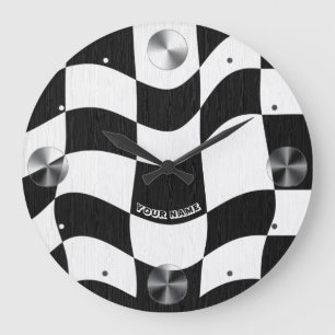Groovy Wavy Black and White Checkered Large Clock