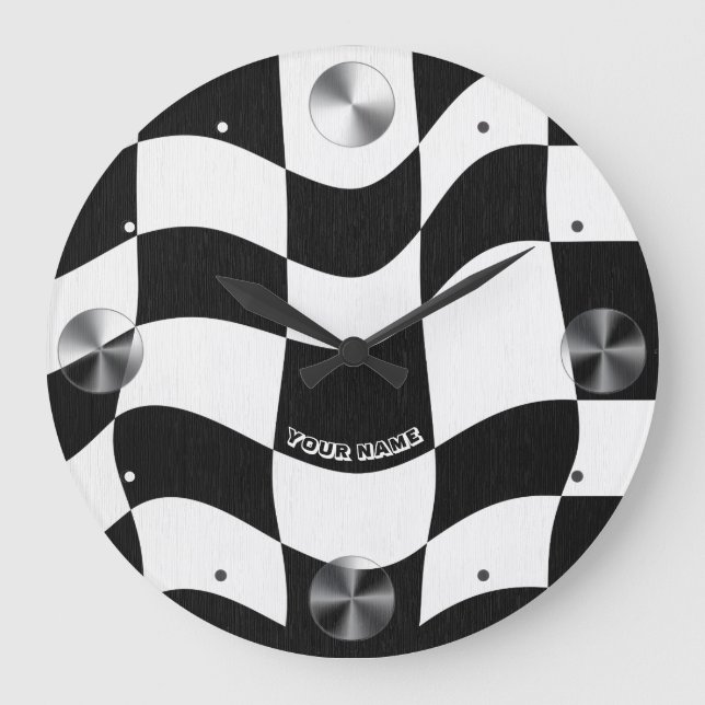 Groovy Wavy Black and White Checkered Large Clock (Front)