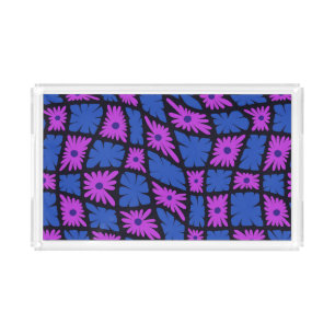 Groovy Wavy Trippy 60s Flower Checks Blue Pink Acrylic Tray