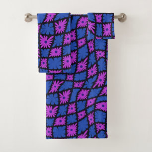 Groovy Wavy Trippy 60s Flower Checks Blue Pink Bath Towel Set