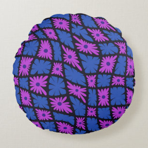 Groovy Wavy Trippy 60s Flower Checks Blue Pink Round Pillow
