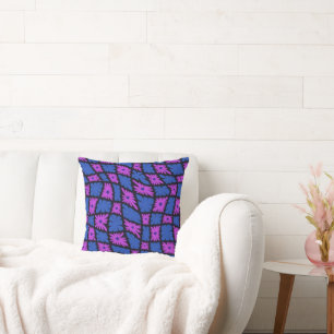 Groovy Wavy Trippy 60s Flower Checks Blue Pink Throw Pillow