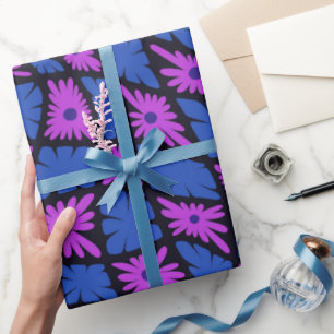 Groovy Wavy Trippy 60s Flower Checks Blue Pink Wrapping Paper