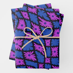 Groovy Wavy Trippy 60s Flower Checks Blue Pink Wrapping Paper Sheets